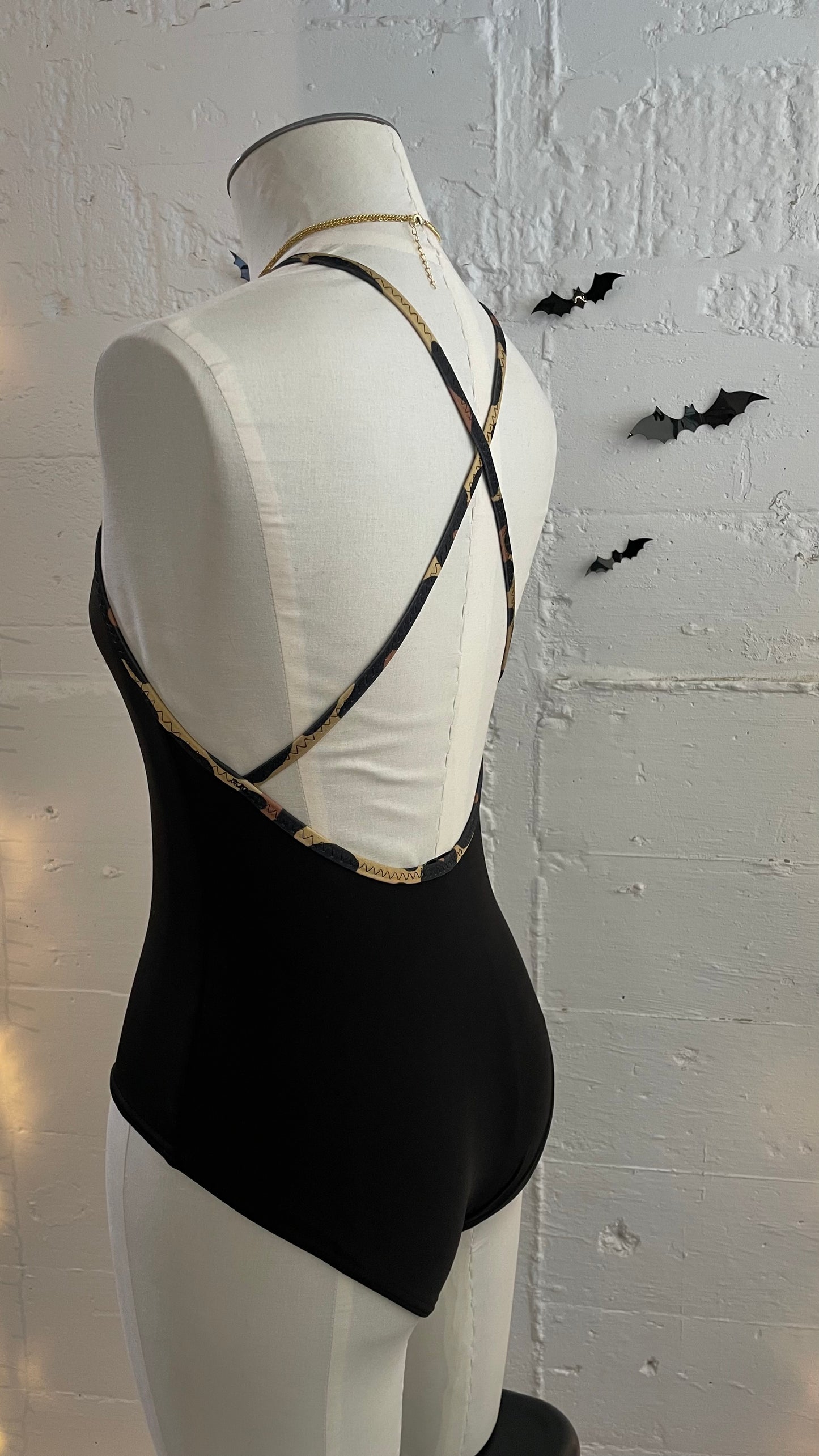 Backless one piece / S / Black with leopard binding