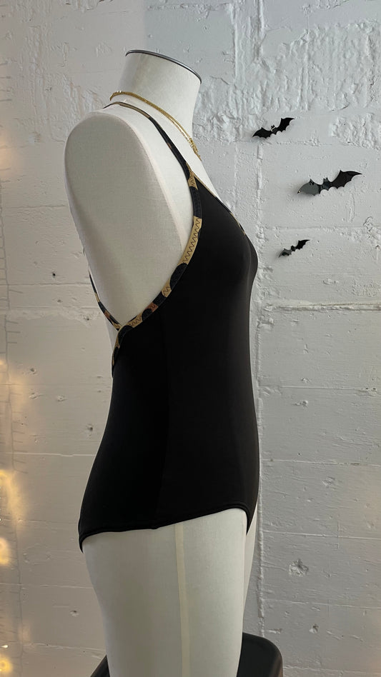 Backless one piece / S / Black with leopard binding