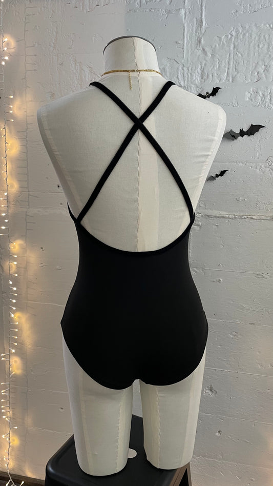 Backless one piece / M / Black with velvet binding