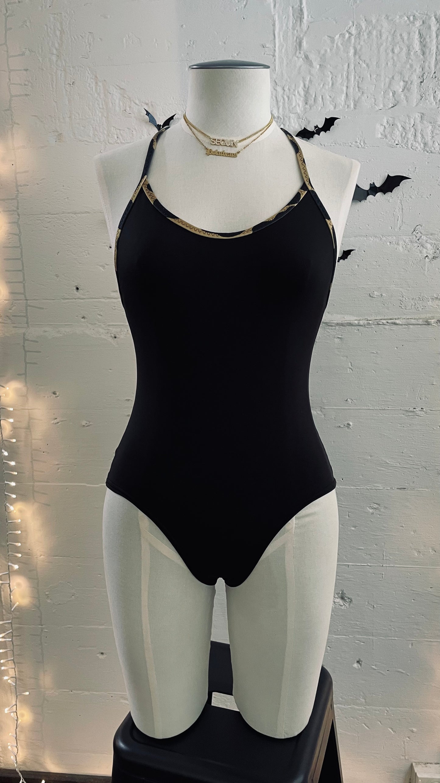 Backless one piece / S / Black with leopard binding